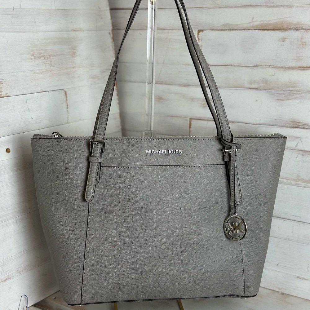 Michael Kors Ciara Pearl Grey Large Saffiano Leather Tote